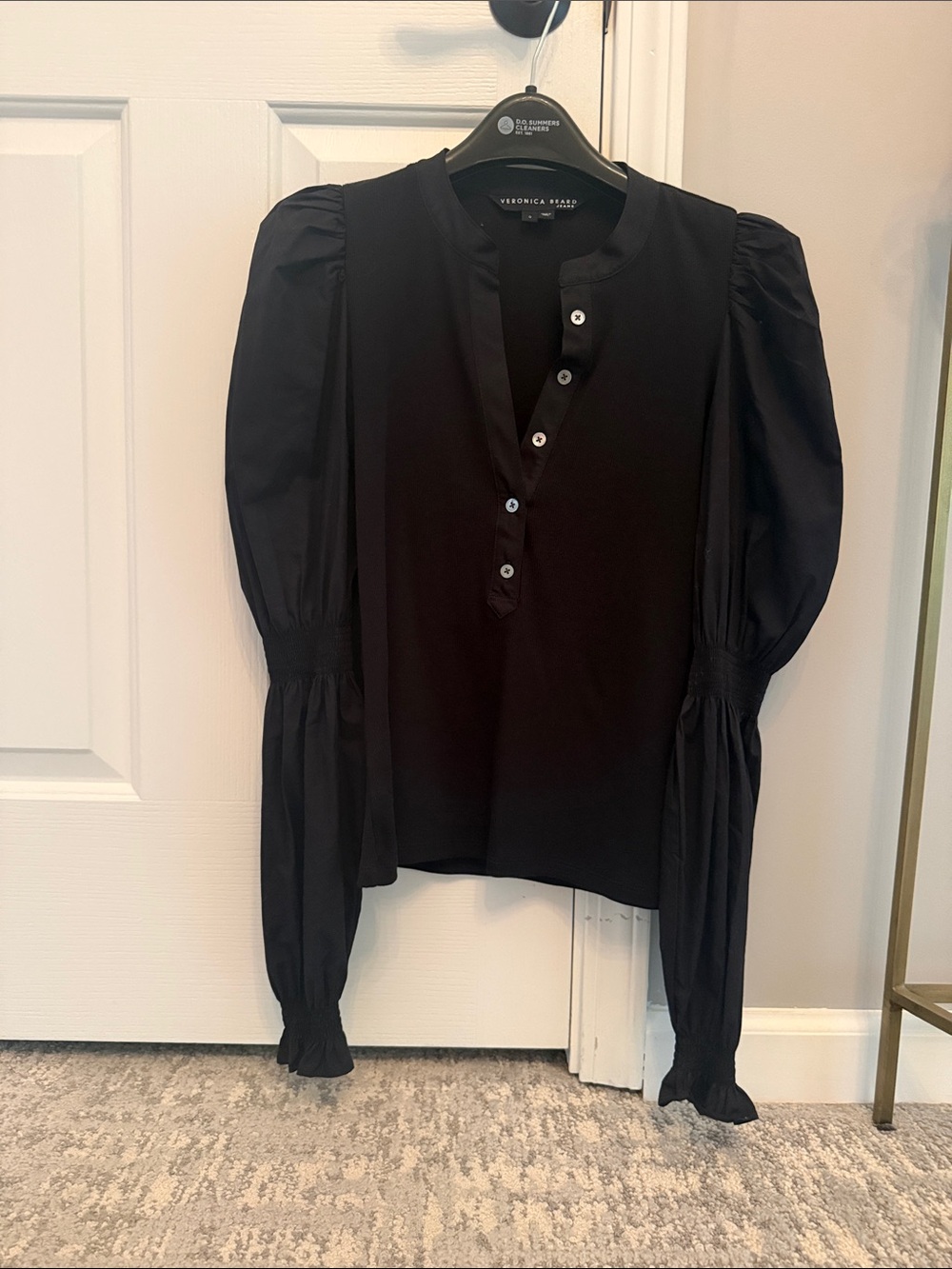 Veronica Beard Black Puff-Sleeve Henley Blouse